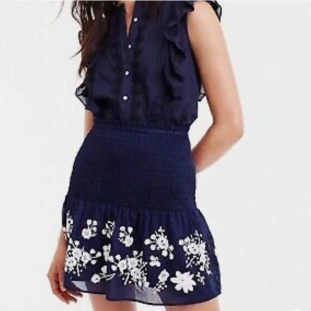 J. Crew Point Sur Navy Blue White Floral Embroidered Smocked Stretch Skirt XS